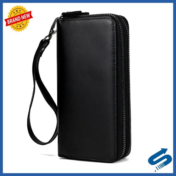 Genuine Leather Long Wallet with Wristlet Large Capacity for Men
